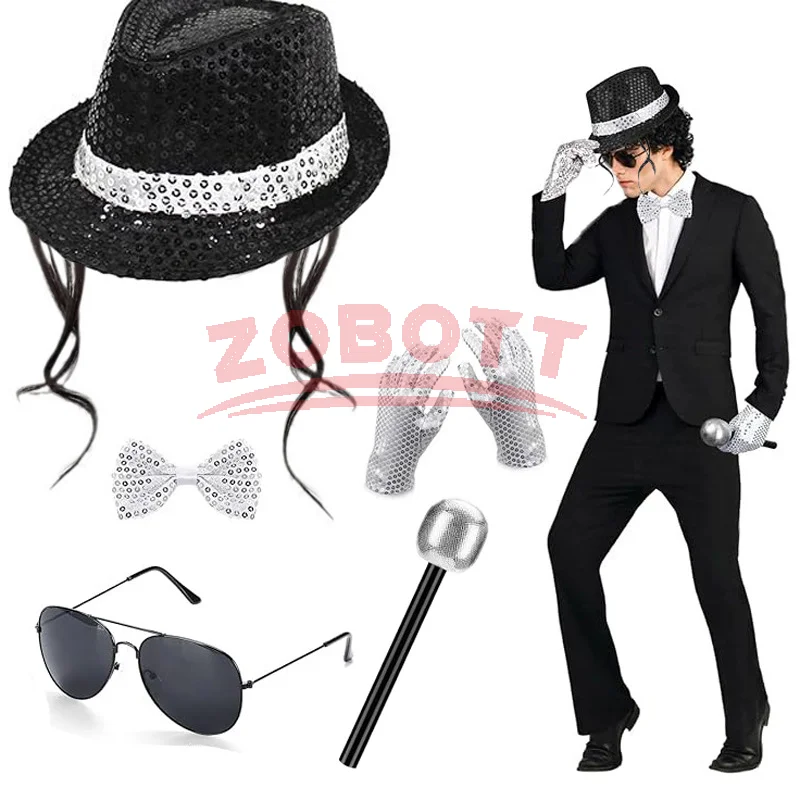 

Michael Jackson Costume Accessories Set - Sequin Fedora Hat + Rhinestone Gloves + Aviator Sunglasses, Halloween Cosplay Party Dr