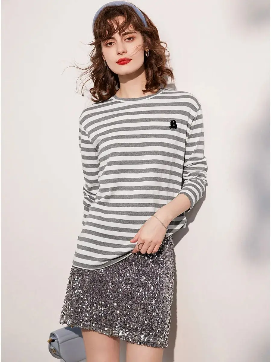 LOUIS YAO Striped Women's T-shirt 2025 Spring O Neck Long Sleeve Tee Casual Loose Fit Fashion Long Tee Pullover Top