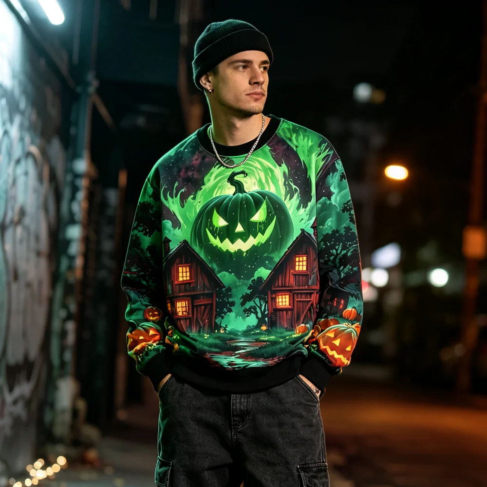 Men's Halloween Pumpkin Print Sweatshirt Street Vintage Horror Farm Crew Neck Pullover Unisex Casual Party Long Sleeve Tops