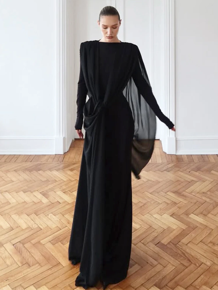 Whatiwear Casual Fashion Long Dress Woman Mesh Shawl Patchwork o-Neck Full Sleeve Kink Design Prom Party Ruched Elegant Vestidos