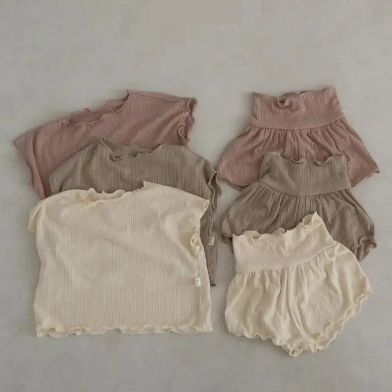 

2026 Summer New Children Soft Comfortable Home Clothes Set Boys Girls Tops + High Waisted Shorts 2pcs Suit Cotton Kids Outfits