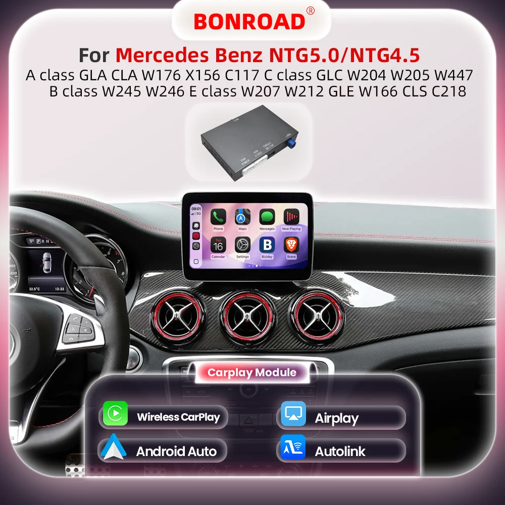 Modulo di aggiornamento wireless per CarPlay e Android Auto BONROAD, compatibile con Mercedes Benz C, GLC, W205, A, CLA, GLA, B, E, GLE, CLS, NTG4.5, NTG 5.0, con funzionalità Airplay e Mirrorlink.