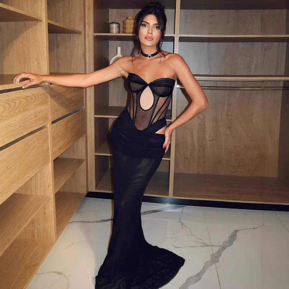 

Black Mesh Patwork Bandage Evening Dresses Luxury 2025 Summer New Sexy See Through Nightclub Party Dress Women's Bodycon Outfits
