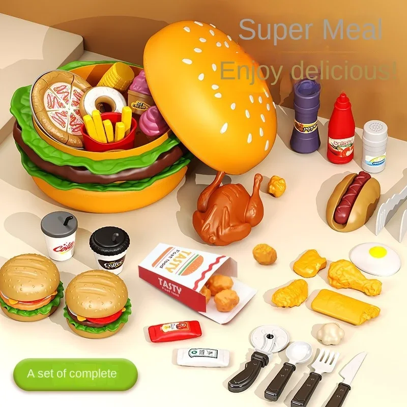 مجموعة مطبخ همبرغر التعليمية للعب التظاهري: ألعاب تقطيع للأطفال مع فواكه وخضروات مقلدة وبيتزا للأطفال الصغار/الأطفال