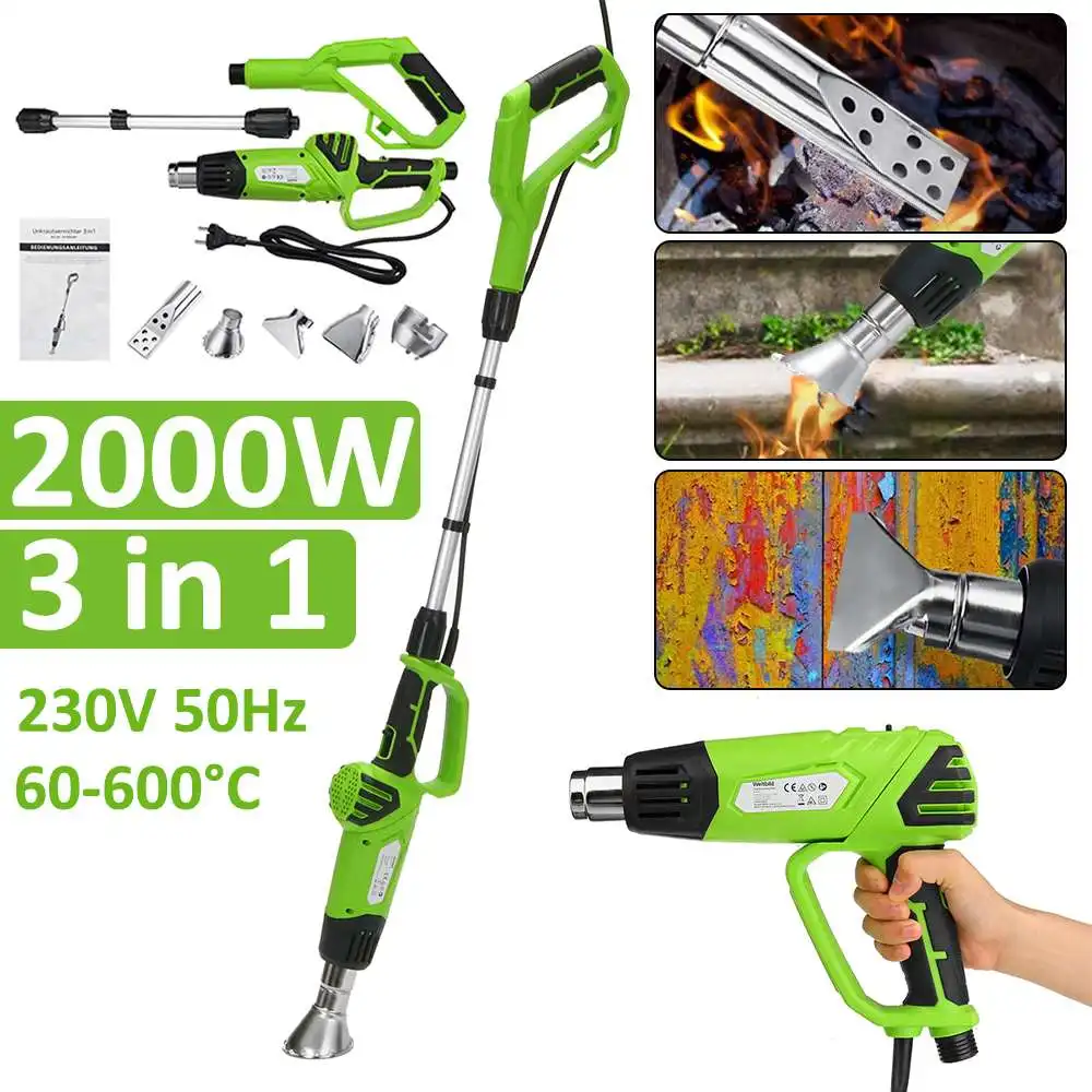 

3 in 1 Weeds Burner Electric Thermal Weeder Hot Air Weeds Grass Flame Durable Safe Garden Tool with 5 Nozzles 2000W