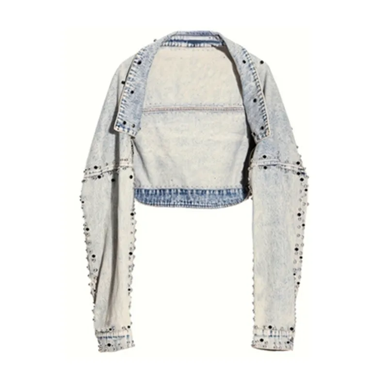 Heavy Work Rivet Diamond Light Blue Denim Jacket Women High Waist Short Cardigan Coat Lapel Long Sleeve Jeans Jacket Autumn New