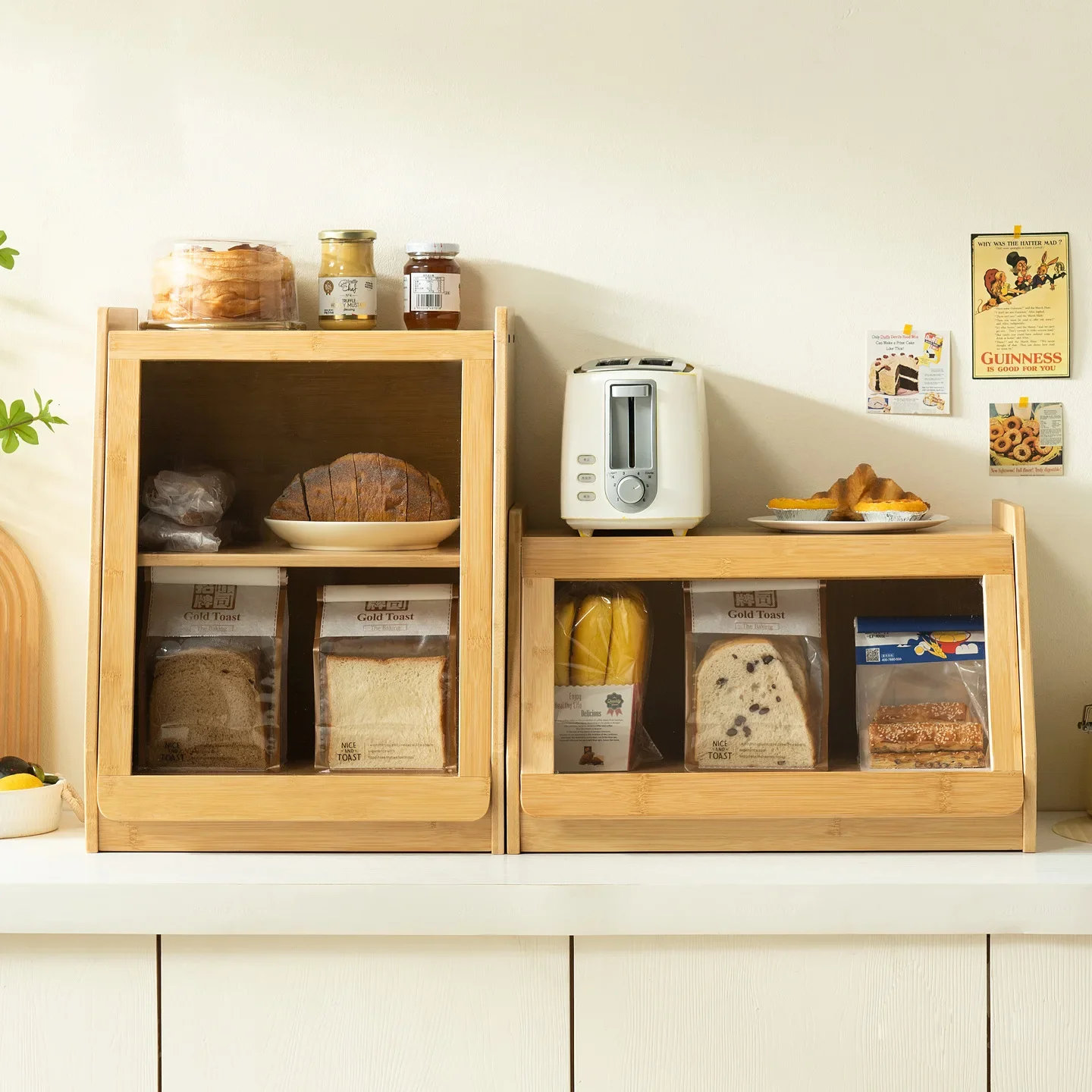 Baking ingredients Snack rack Storage flip transparent door Kitchen rack Bamboo wood bevel bread storage box