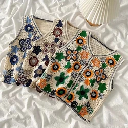 Women Vintage Hollow Crochet Knit Vest Waistcoat Ethnic Beaded Embroidery Colorful Floral Sleeveless Crop Cardigan for Jacket V-