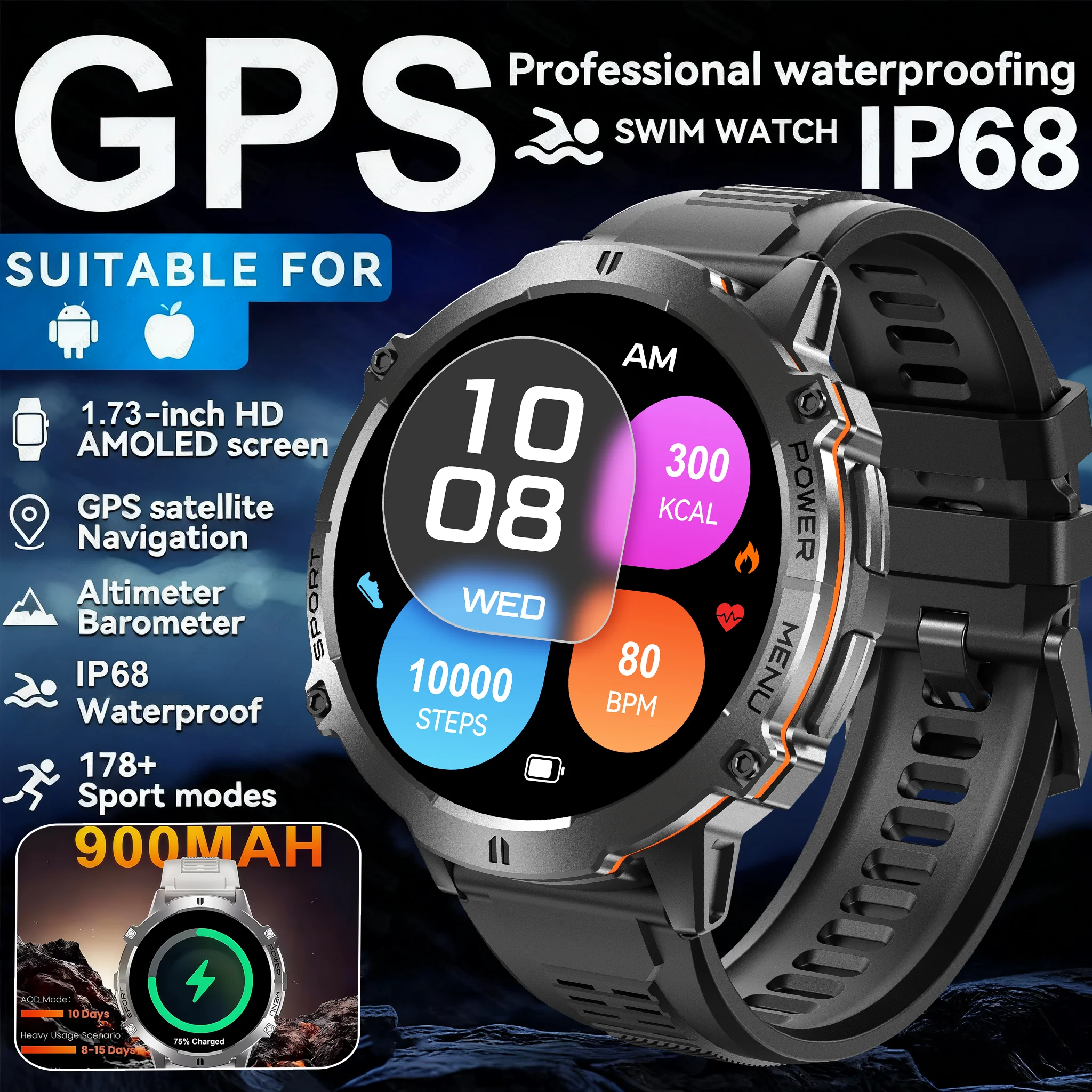 

2025 New Men GPS Sports Smart Watch 1.73'' AMOLED Compass Heart Rate 900mAh Battery Bluetooth Call 10ATM Waterproof Smartwatch