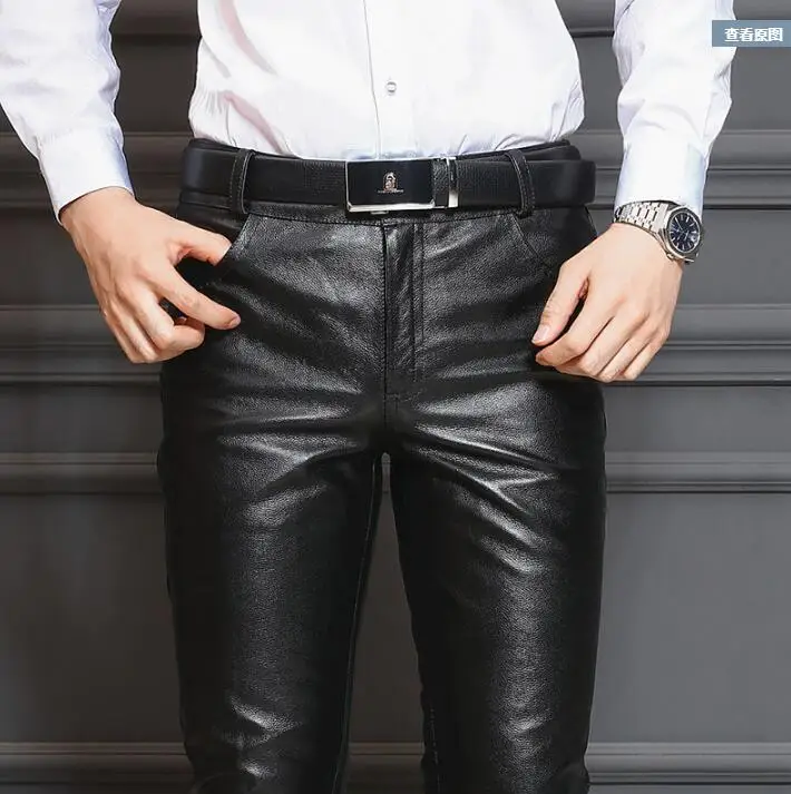 

Men's Slim Fitting Calf Leather Tight Casual Leather Pants Harley Motorcycle Riding Sheepskin Pants