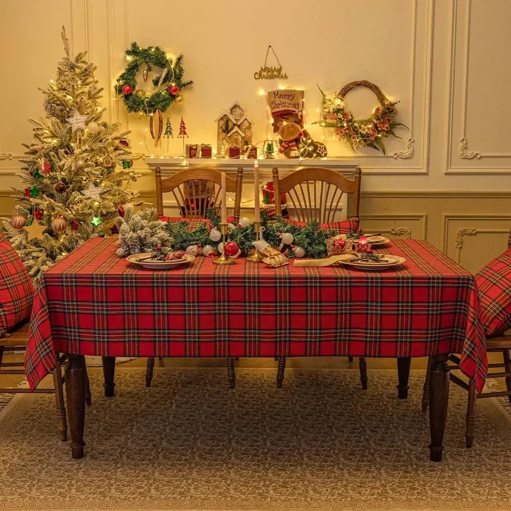 Christmas Tablecloth Green Plaid Photo Atmosphere Resort Home Textile New Year Table Cover for Family Gathering Restaurant