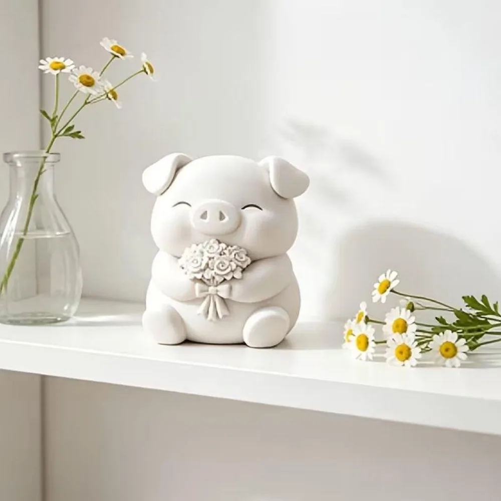 3D Printed Cute Pig Figurine Holding Rose Bouquet White Mini Desktop Ornament Sweet Animal Statue for Bedroom Table Decor Gift