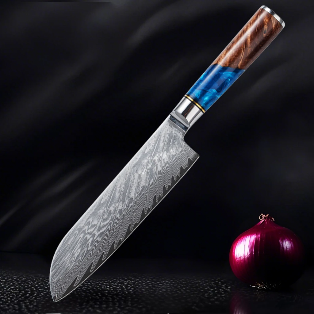 Damascus Steel High Carbon 67 Layer VG10 Chef's Knife Blue Resin Wood Handle Kitchen Chef's Knife Three-Piece Set
