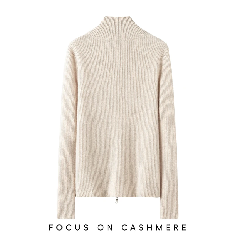 Damski sweter z wysokim kołnierzem, zapinany na zamek, w drobne paski, wykonany w 100% z kaszmiru, swobodny, modny sweter-płaszcz, wygodny, miękki, dzianinowy na jesień i zimę.