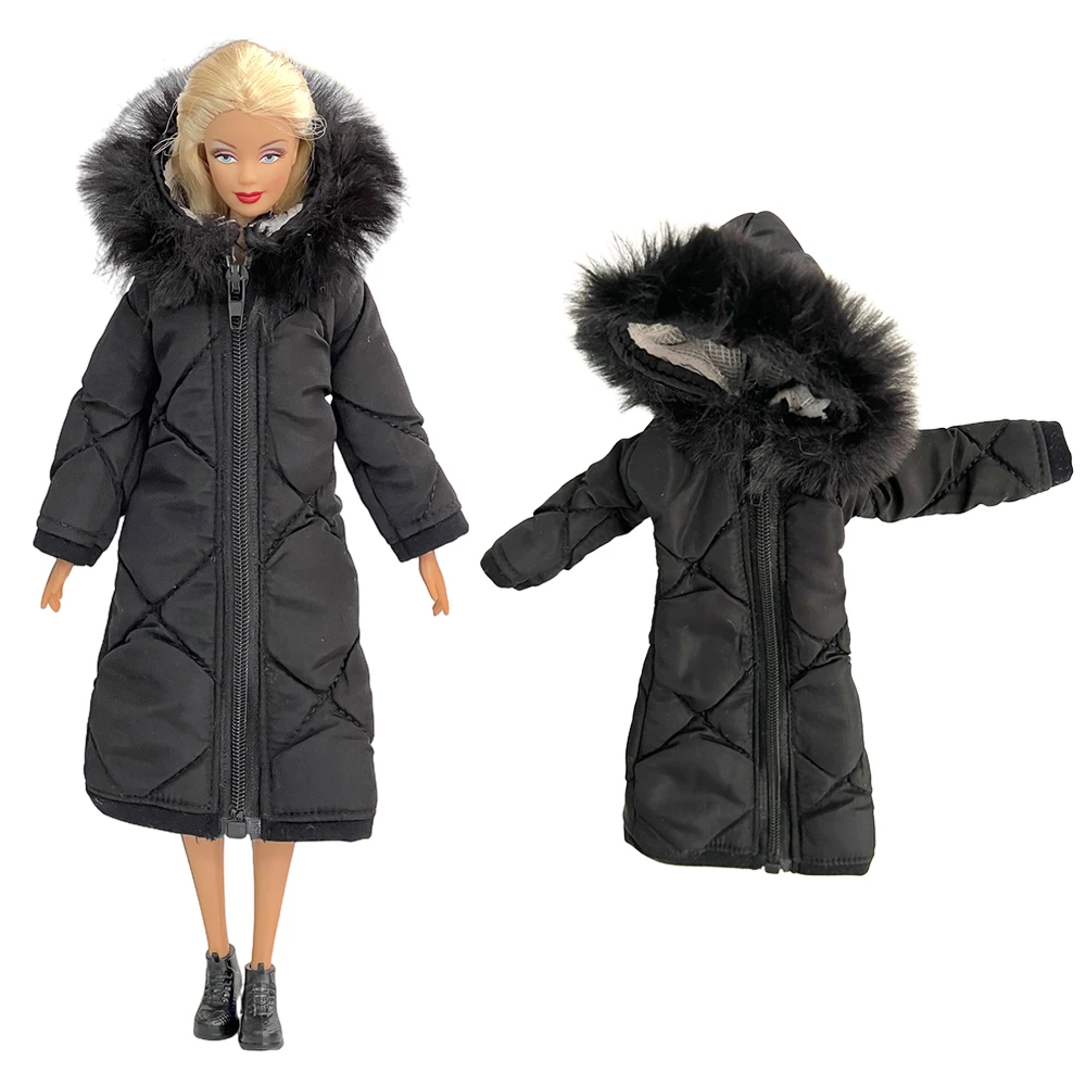 NK 1 Pcs Fashion Winter Long Black Coat Cotton Jacket Zipper Parkas Dress For 1/6 FR Doll Clothes for Barbie Doll Accessories