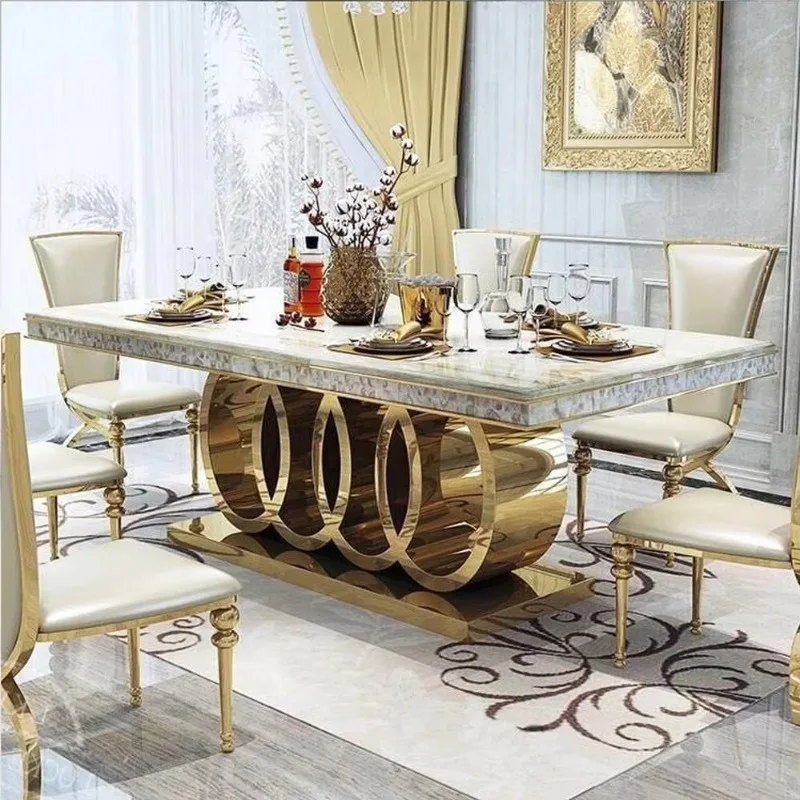 Rectangle dining table, marble countertop dining table, gold stainless steel dining table, household