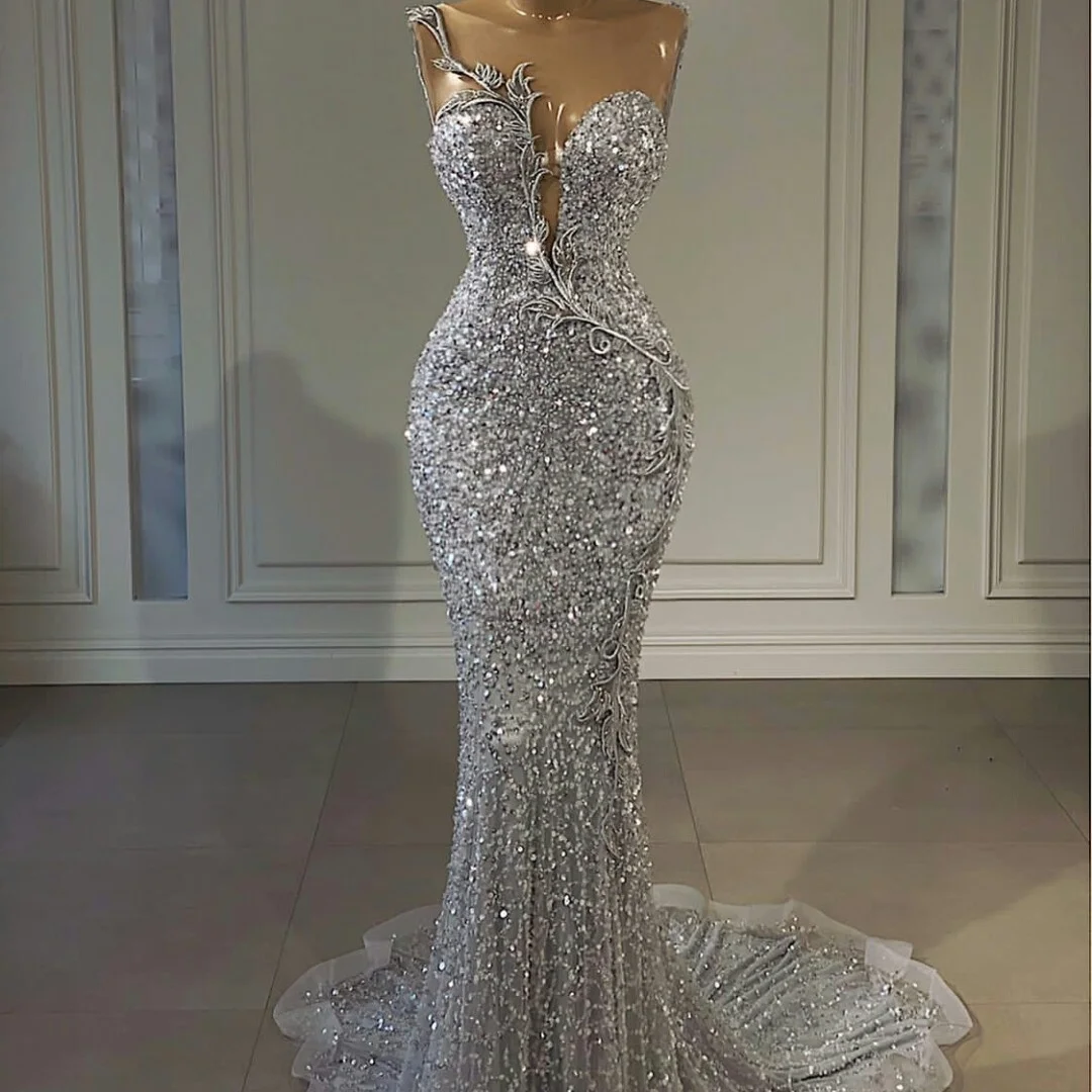 Luxury Silver Crystal Evening Dress 2023Lace Beaded Mermaid Prom Gowns Sheer Neck Elegant vestido de novia