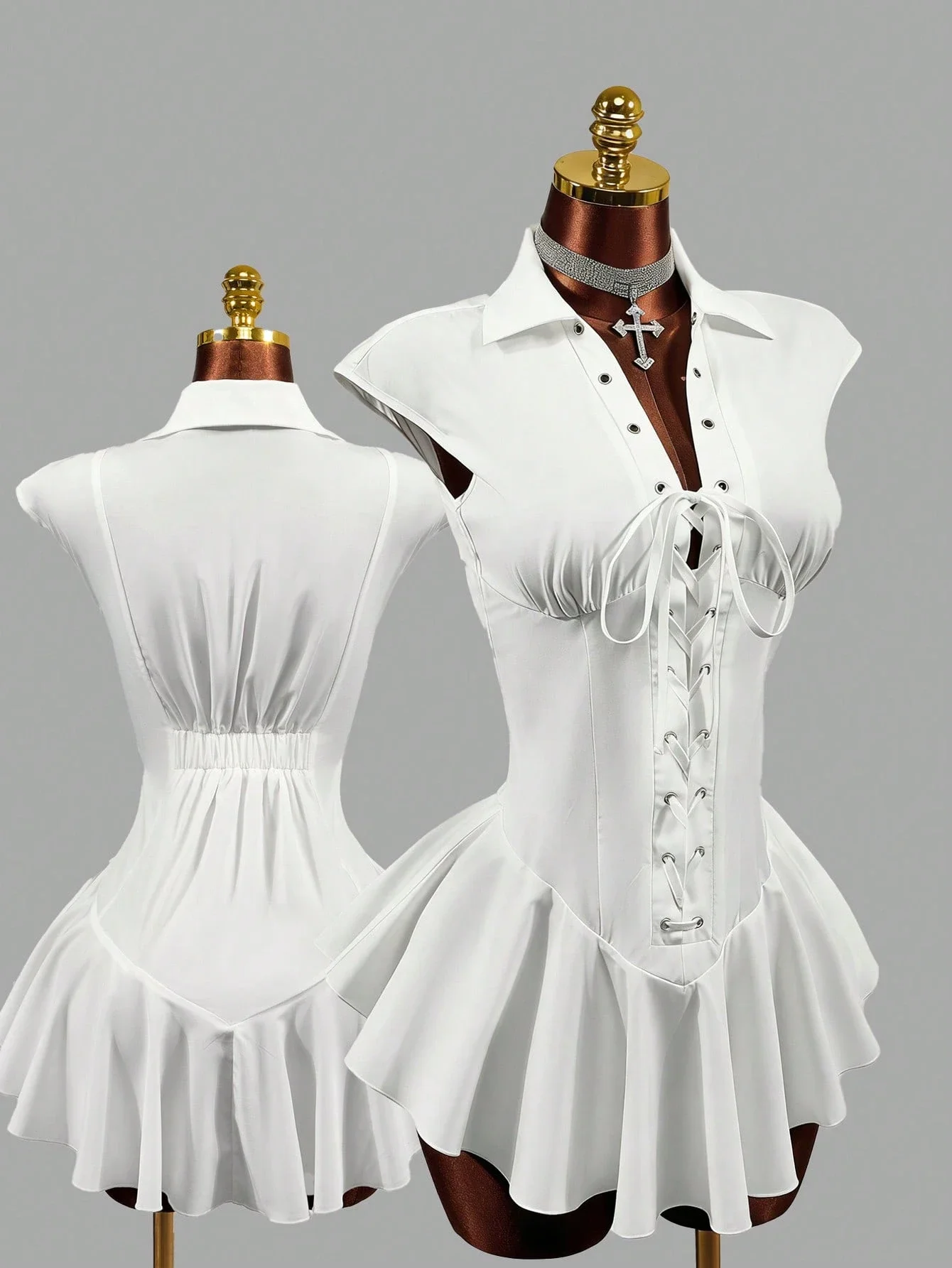 

Женское белое платье-корсет с шнуровкой спереди и рюшами по подолу, летний готический стиль