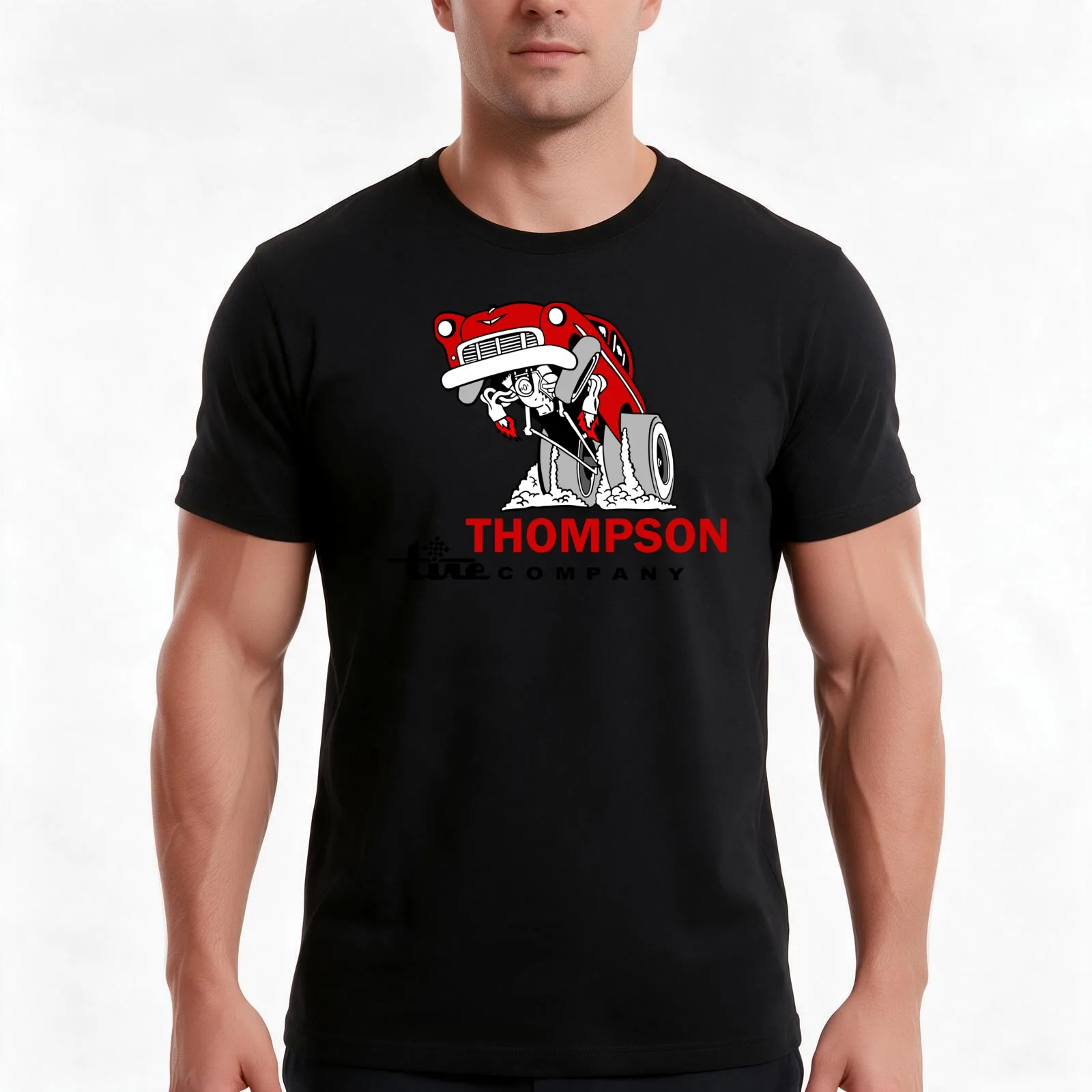 Thompson Tire Co T-Shirt, Summer Casual Cotton Tee, Oversized Streetwear Tops, Vintage Graphic Print, Loose Fit Short Sleeve