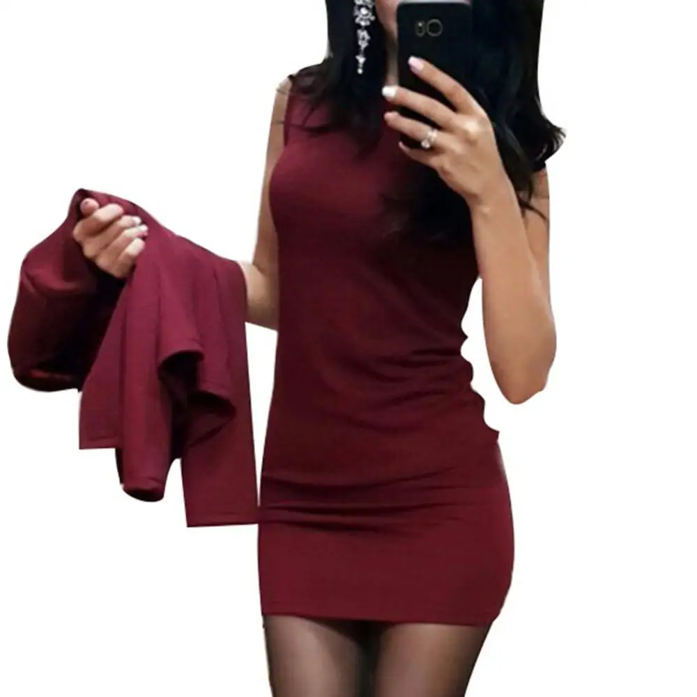 Setelan baju kantor wanita, Gaun Bodycon elegan tanpa lengan 2 potong/set kerah O warna Solid setelan kantor panas wanita mantel pendek kantor Mini