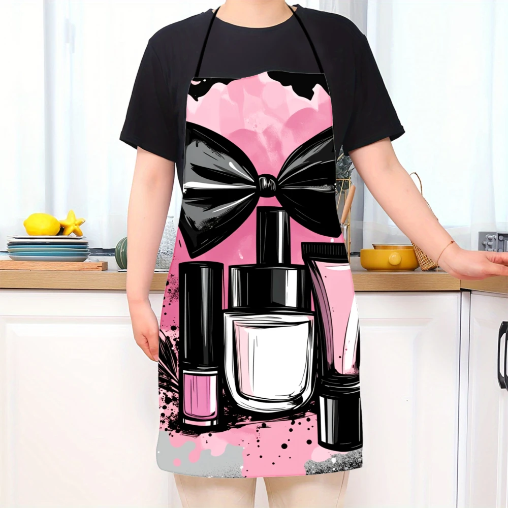 Pink Watercolor Apron With Black Bow And Beauty Products Design For Nail Art And Makeup Enthusiasts