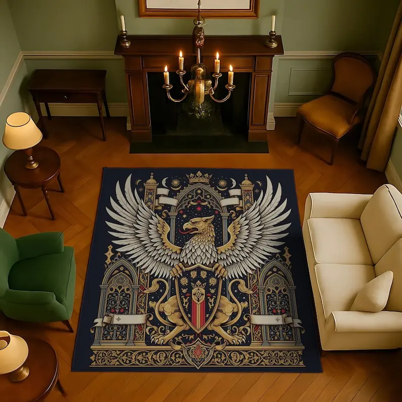 Medieval Griffin Rug, Mythical Creature Carpet with Heraldic Eagle Crest for Gothic Living Room, Low-Pile Easy Clean Decor