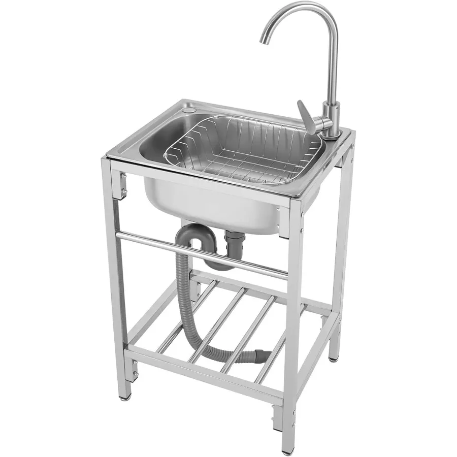 

Отдельно стоящая раковина из нержавеющей стали с одной чашей и смесителем для горячей и холодной воды и полками для хранения для коммерческой прачечной, кухни и