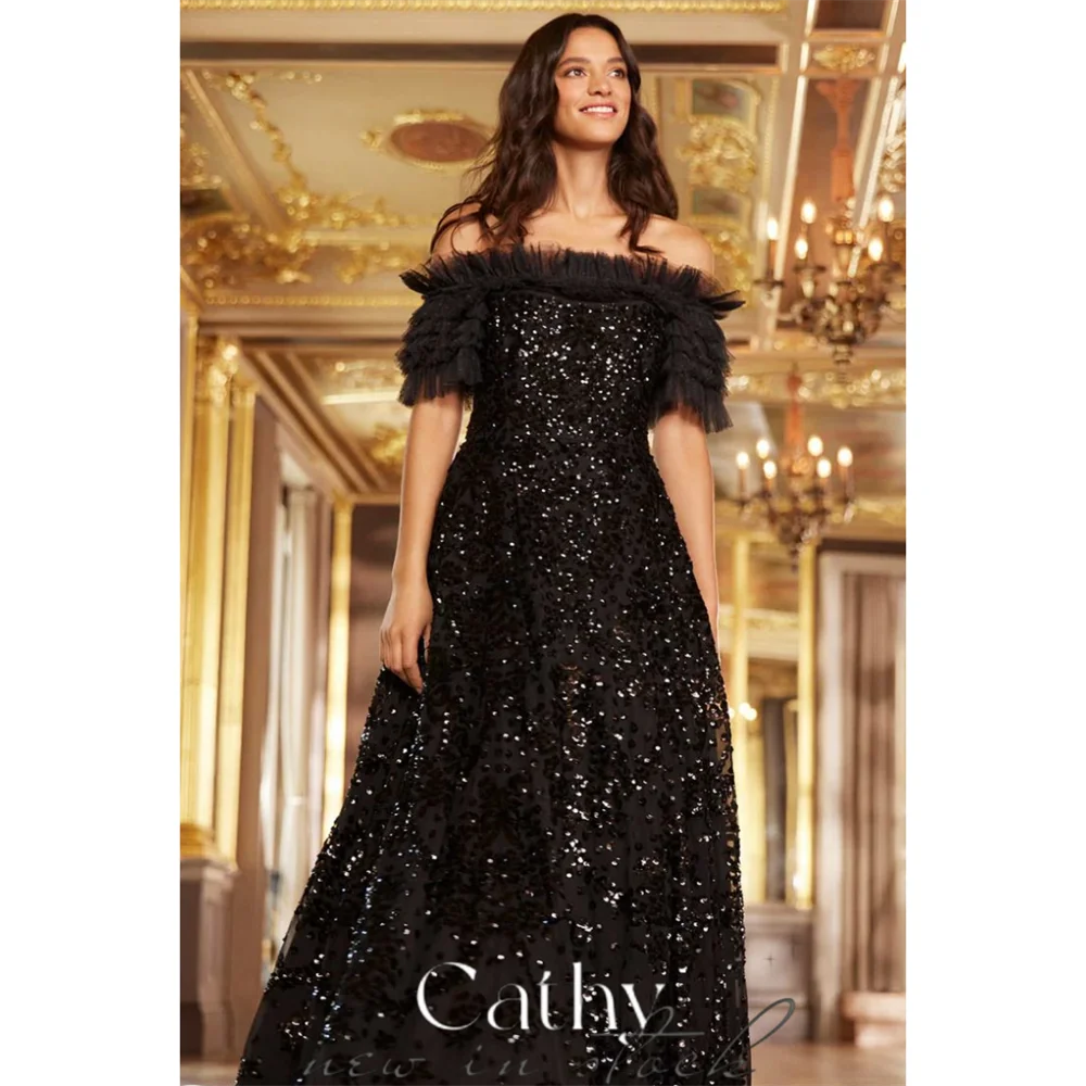 Cathy Black Glitter Sequins A-line Prom Dress Customized Off Shoulder فستان حفلات الزفاف Plus Size Puff Sleeveless Wedding Dress