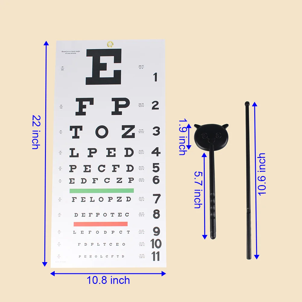 PVC Snellen Eye Chart 20 Feet Kindergarten Low Vision Eye Test Charts Eye Exam Tool 22 x 10.8 Inches With Point Stick Occluder