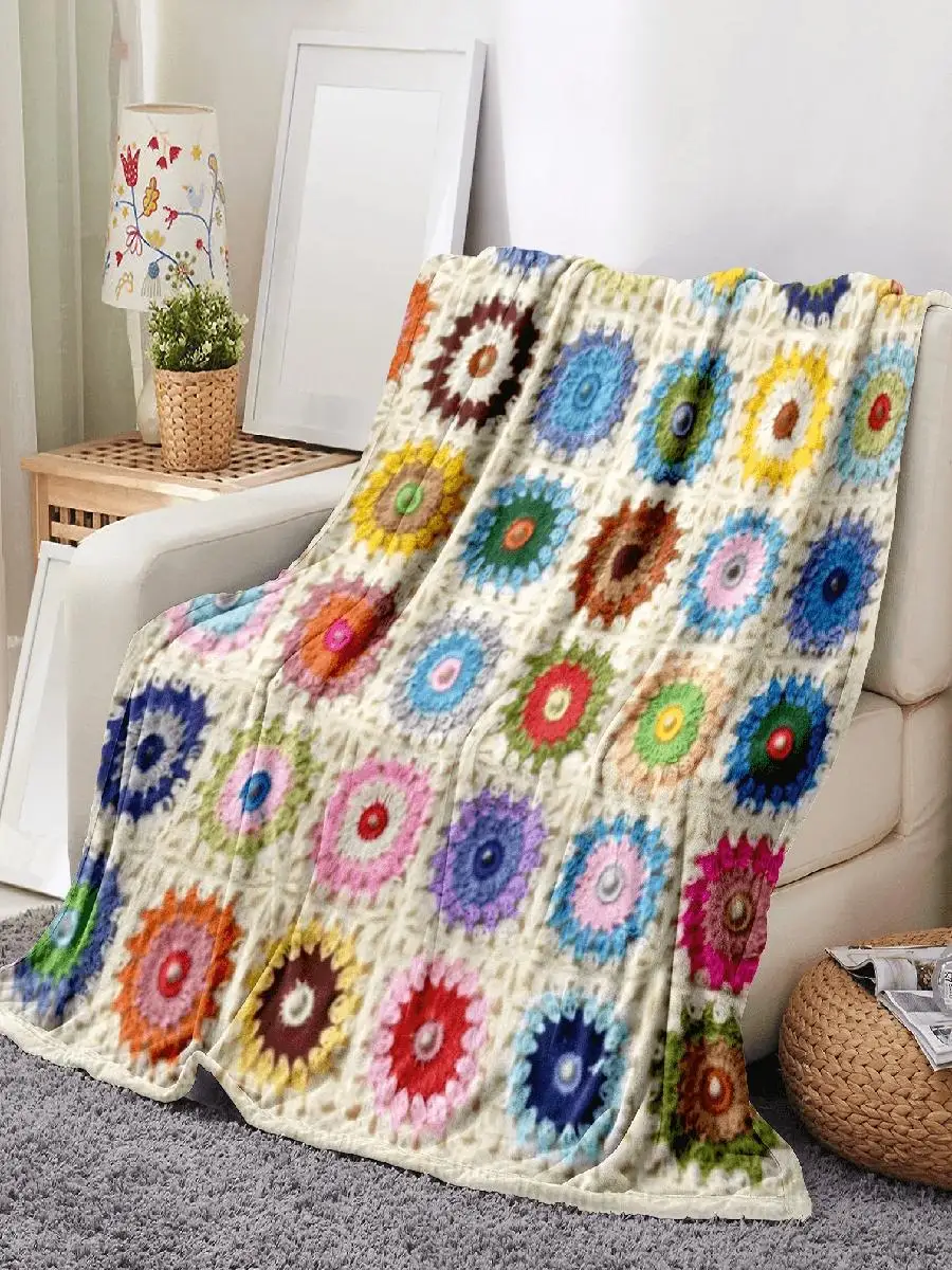 Boho Crochet Flower Blanket for Sofa Bed Office Home Decor All Seasons Digital Print Multifunctional