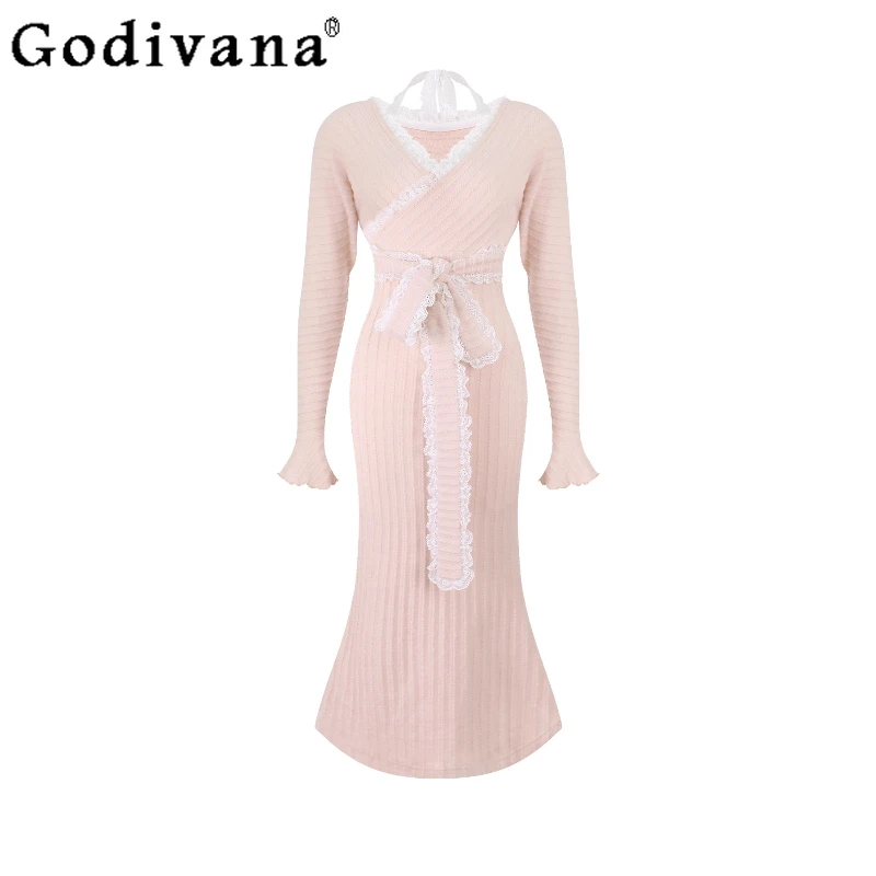 Doce fora do ombro vestido de cintura fina para as mulheres outono inverno rosa malha vestido longo feminino estilo japonês bonito bodycon vestido