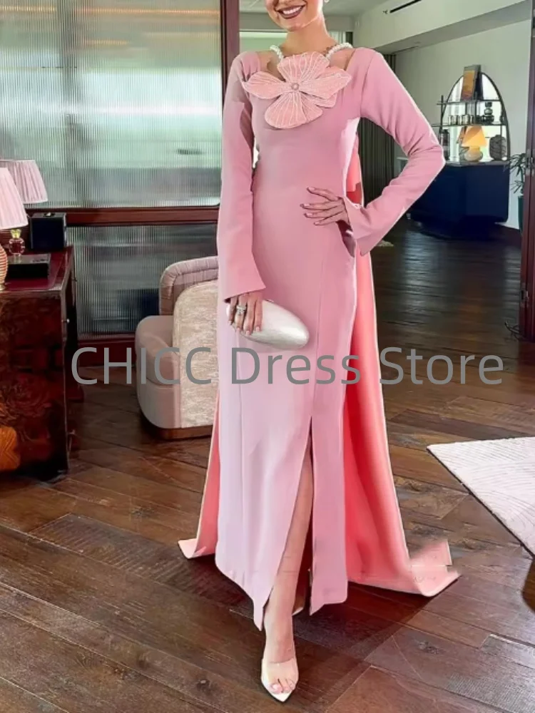 아름다운 이브닝 드레스, 케이프 롱 슬리브 스퀘어 칼라 여성용 정장 가운 핑크 3D 꽃 파티 프롬 드레스 맞춤 제작