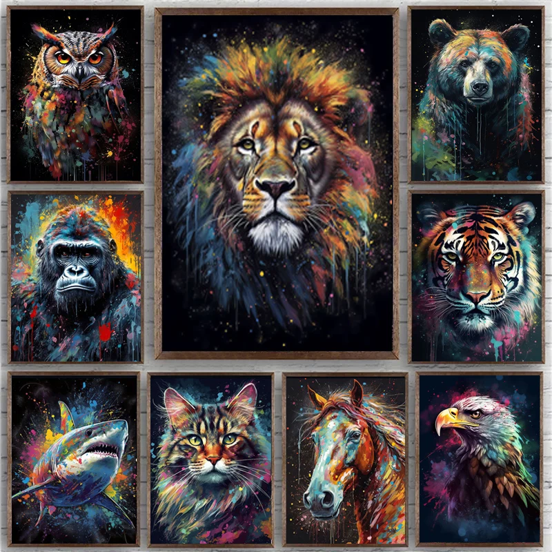 Watercolor Lion Tiger Monkey Owl Animal Portrait Poster Canvas Painting Abstract Graffiti Wall Art for Living Room Home Decor