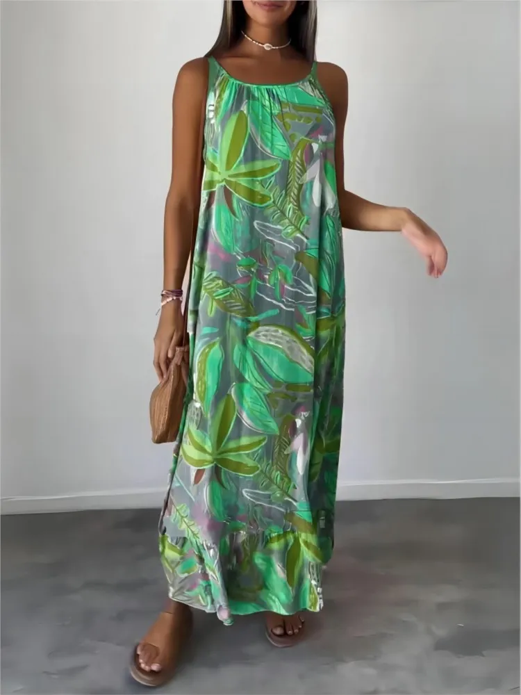 Bohemian Fashion Printed Loose Dress Woman's Elegance Color Matching Leisure Sling Long Dresses Ladies Beach Vacation Vestidos