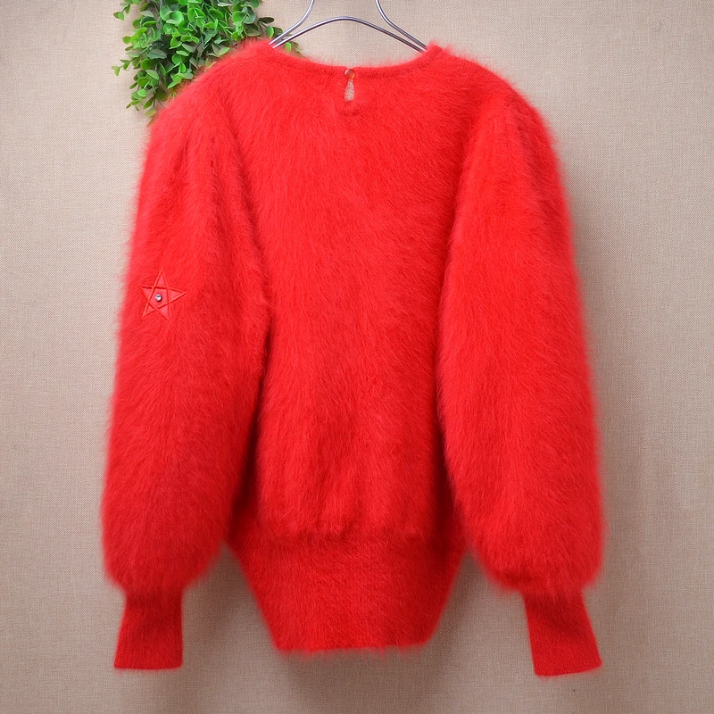 Kobiety Mujer Jesień Zima Czerwony Vintage Haft Frezowanie Owłosione Angora Królik Włosy Dzianina O-Neck Długie Rękawy Luźny Sweter Pull