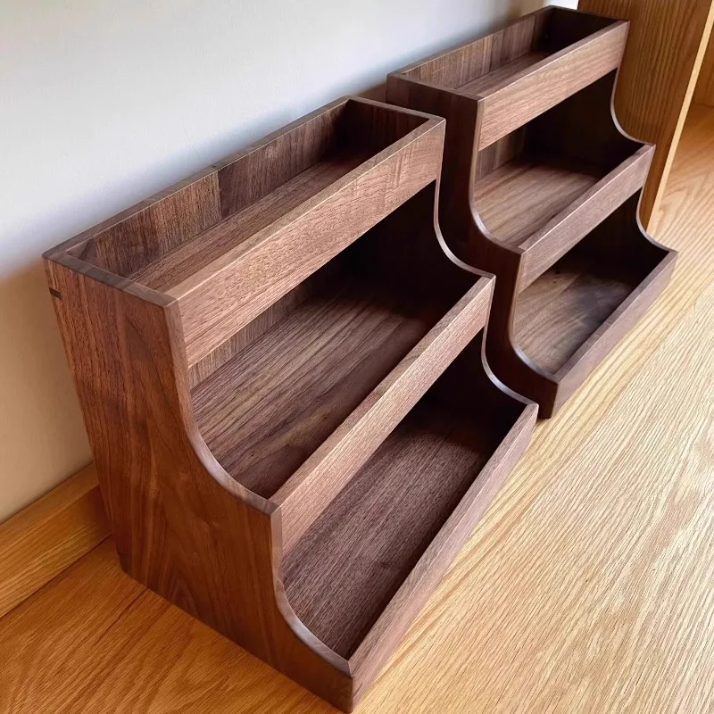 Black Walnut Wood 3-Tier Storage Shelf Coffee Tea Desktop Organizer Living Room Display Rack Kitchen Countertop Cup Holder