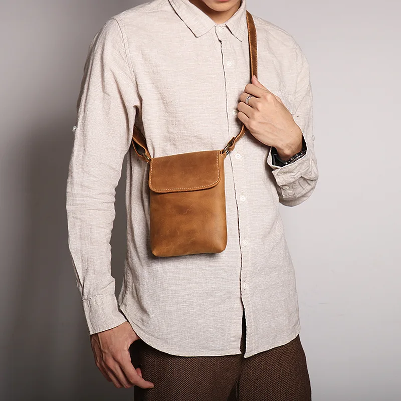 

New Men's Genuine Leather One Shoulder Small Backpack Crazy Horse Skin Simple Crossbody Bag Cowhide Retro Phone Bag