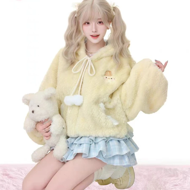 Sweet Lolita Style 2 Piece Sets Women Kawaii Plush Ball Warm Hooded Coat Plaid Mini Cake Skirts Suit Autumn Winter Y2k Outfits