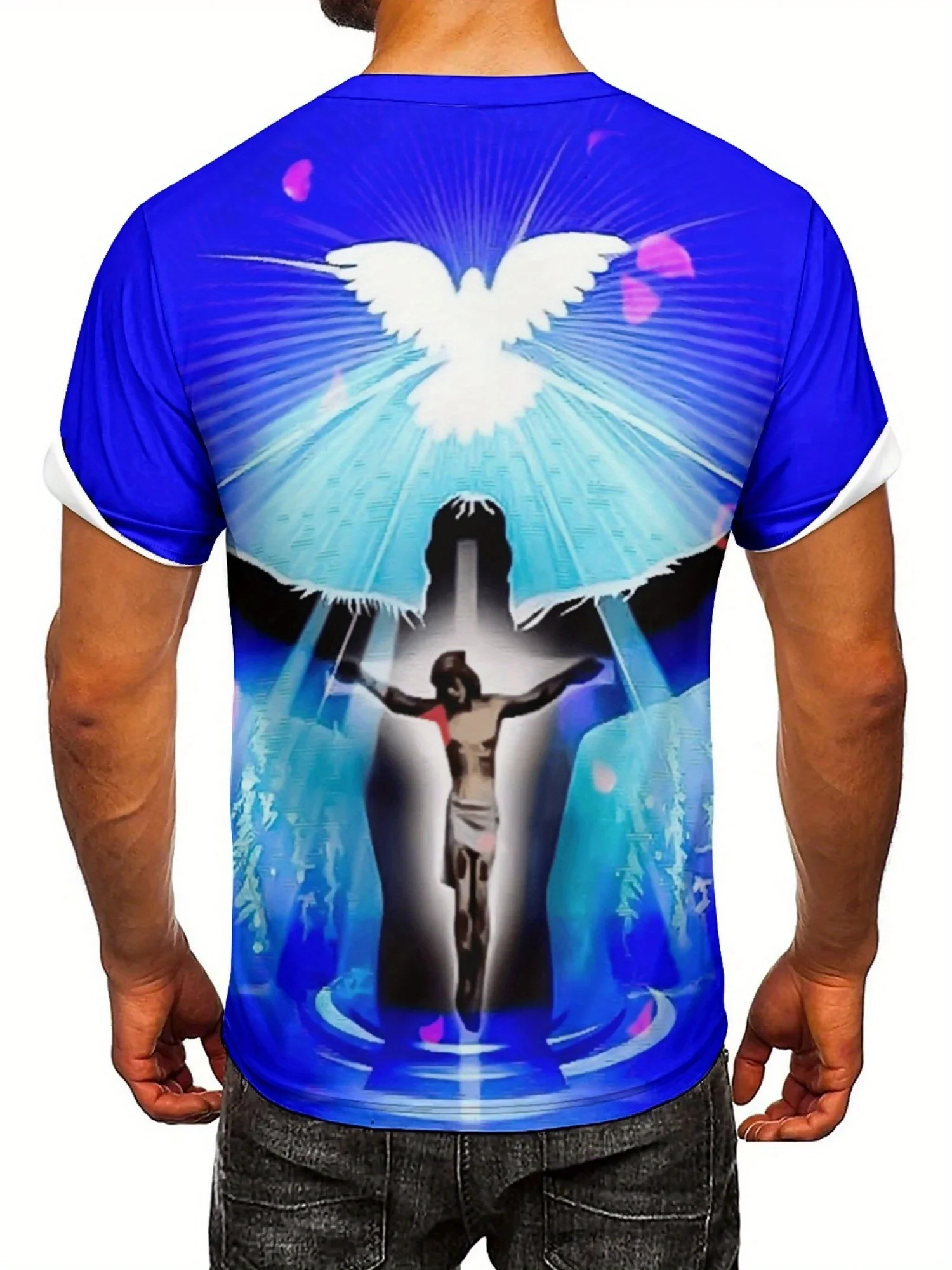 Camiseta masculina plus size com estampa 3D Jesus - azul com design de asa branca, manga curta, poliéster respirável,