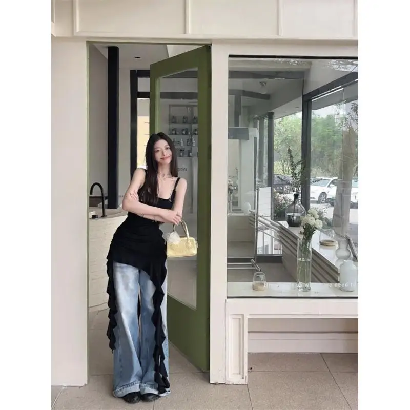 Women's Camisole Base Layer Top Soft Fabric For Women Summer Outdoor Black Sexy Irregular Ruffles American Sweet Waist Cinching