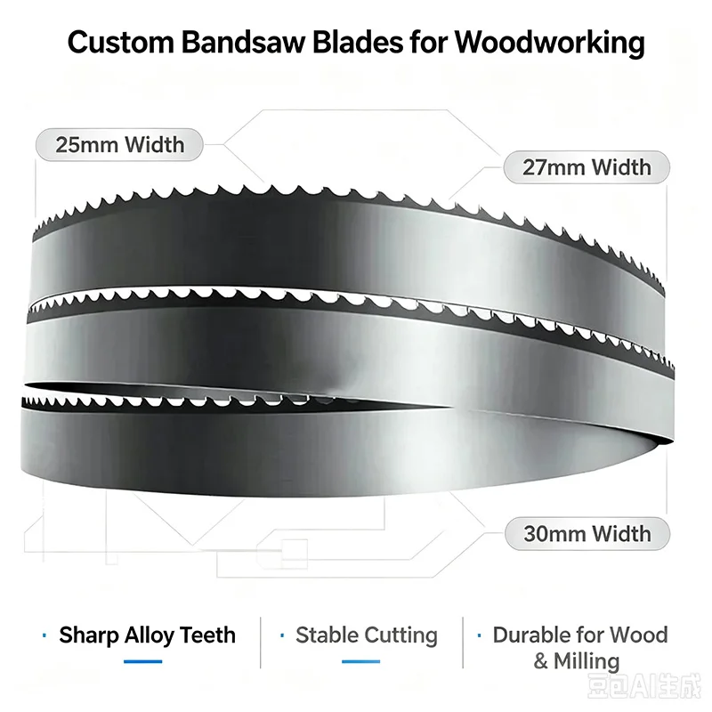 25/27/30mm Custom TCT Carbide Tip Wood Band Saw Blade,Hardwood Cutting Band Saw Blades for Horizontal Vertical Band Saw Machines