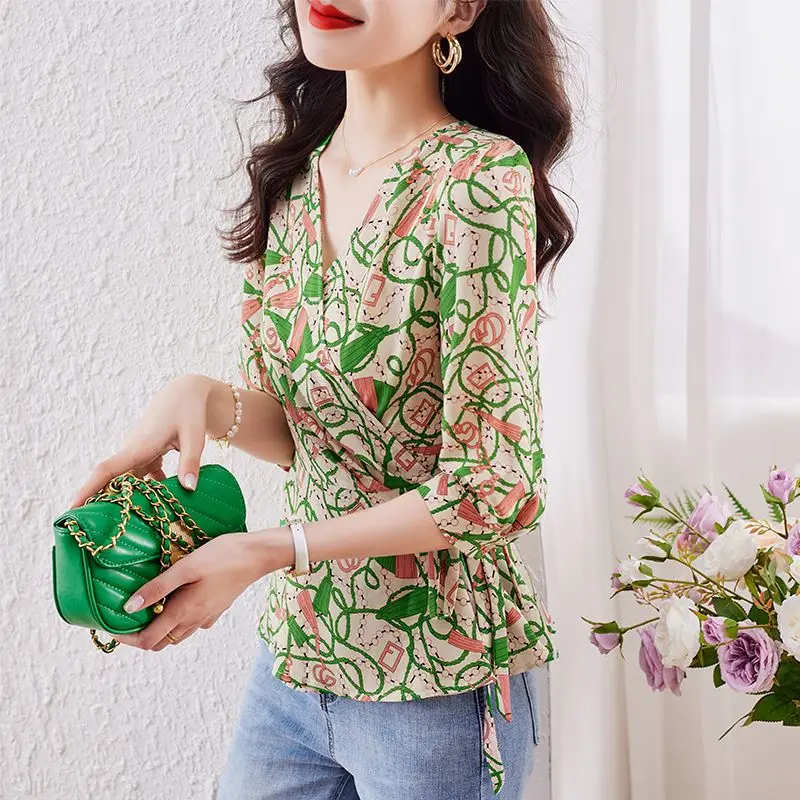 Women Summer Clothing 2023 New Korean Fashion Print Lace Up Elegant Blouses Casual V Neck 3/4 Sleeve Shirts Chic Slim Tops Blusa