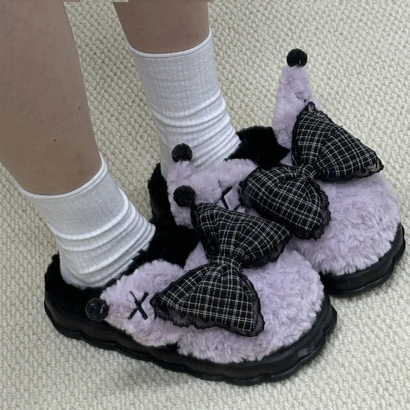 Y2k Bow Knot Winter Slippers Women Home Soft Anti Slip Paltform Fur Cozy Slippers Japanese Lolita Female Outdoor Cotton Shoes