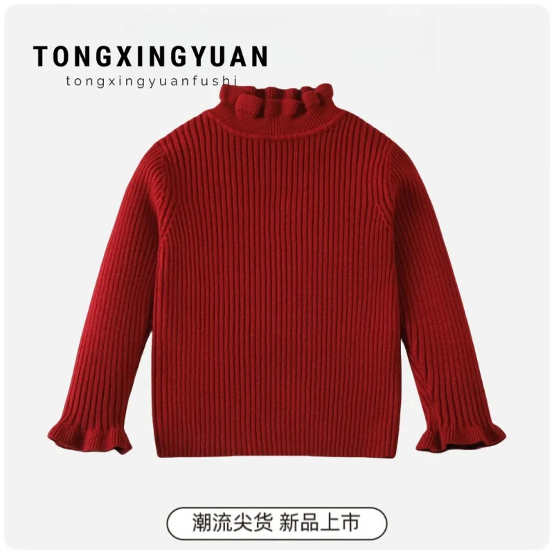 

Girls' Knitted Sweater Fashion Ruffled Edge Children's Sweater Autumn Winter Versatile Warm Knitwear Long Sleeve Base Shirt Tren