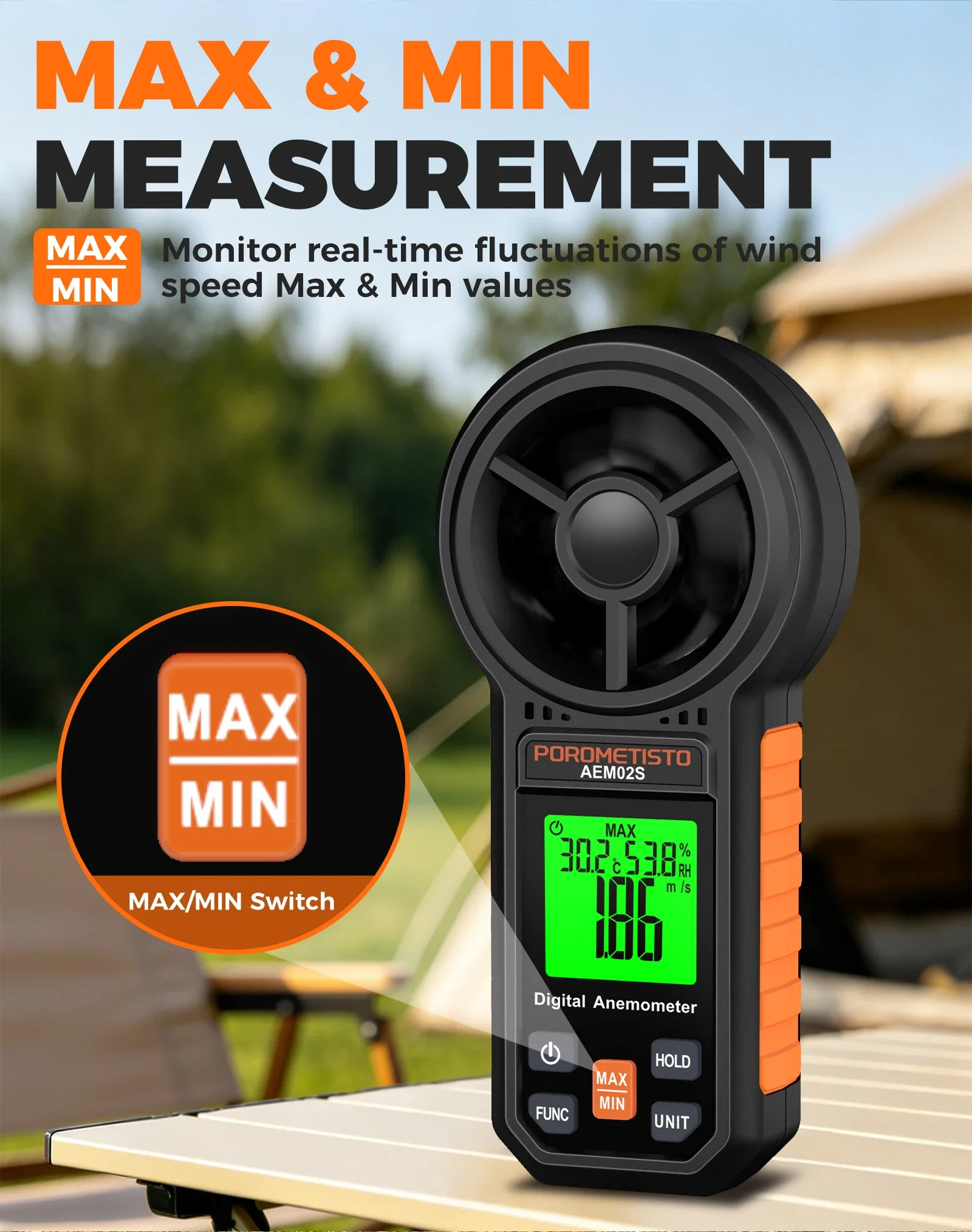 Digitales Anemometer 0,4~30,00 m/s Handgehaltenes Windgeschwindigkeitsmessgerät Luftgeschwindigkeit Luftstromrate mit LCD-Hintergrundbeleuchtung CFM CMM CMS Messwerkzeug – Detail 9