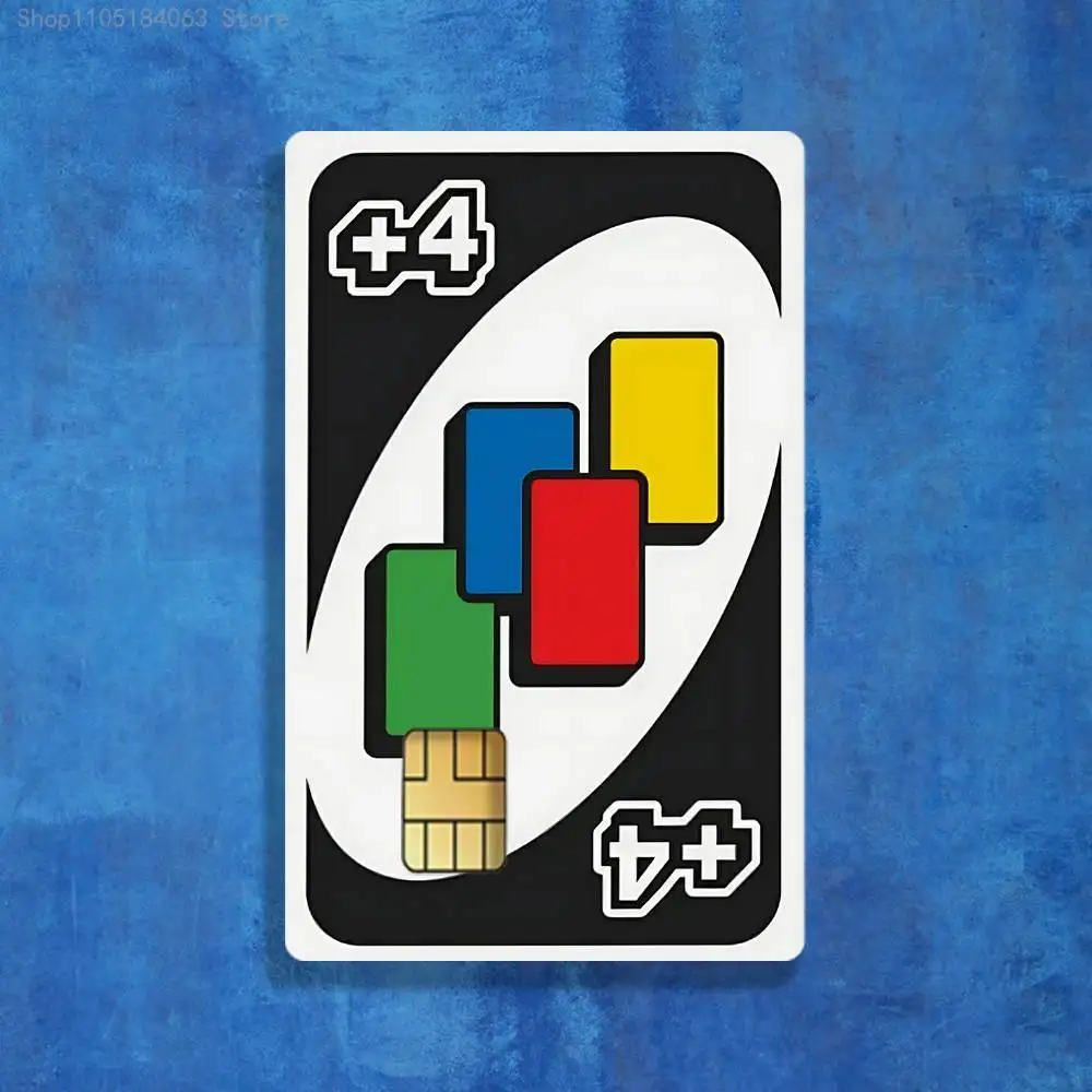 ملصقات Wild Draw Four u-UnO-oS لخصم الائتمان وبطاقة شحن البنك وحافلة مترو المقاومة للماء لتزيين ملصق الديكور