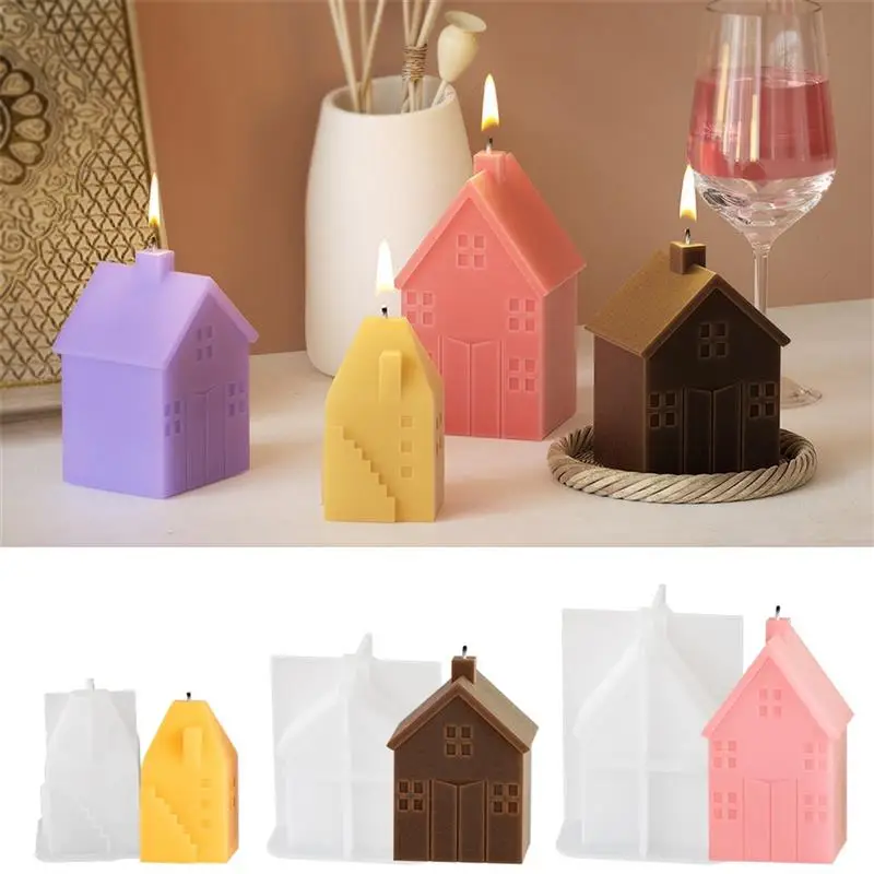 3D House Candle Holder Silicone Mold DIY Gypsum Cement House Church Aromatherapy Table Candle Base Silicone Resin Mold