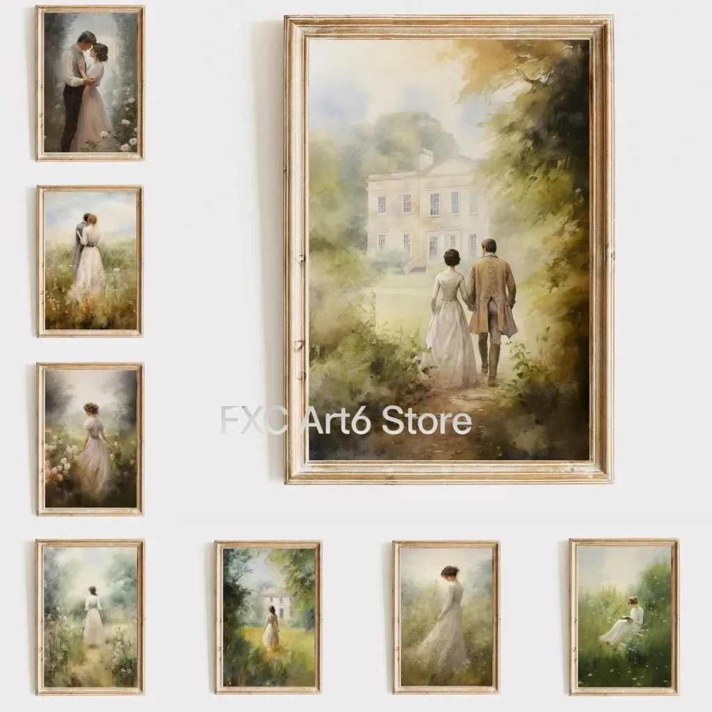 1PCS Frameless Pride and Prejudice Wall Art Print Canvas Oil Painting Elizabeth Bennet and Mr Darcy Cottagecore Posters Home Dec