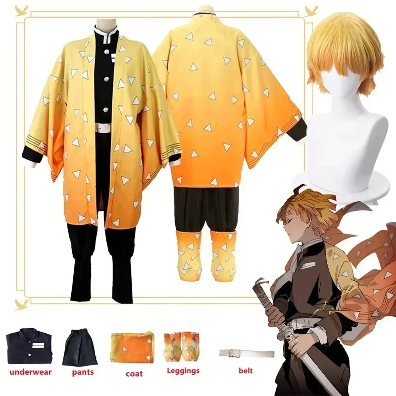 Adult and Kids Anime Demon Slayer Kimetsu No Yaiba Agatsuma Zenitsu Costume Cosplay Kimono Uniform Halloween Party Costumes