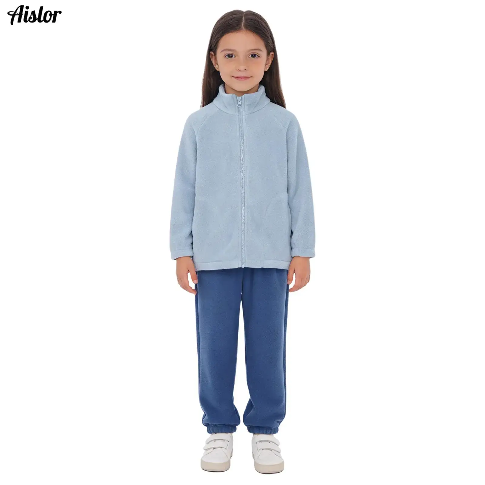 2 pçs crianças meninas agasalho de lã quente inverno gola manga longa bolsos jaqueta com zíper casaco com cintura elástica calças